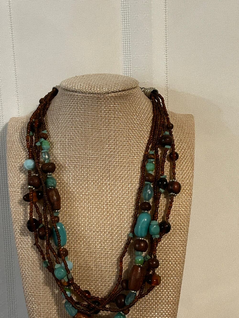 18 Inch Boho Multi Strand Brown Seed Bead Necklace Faux Turquoise Amber Accent